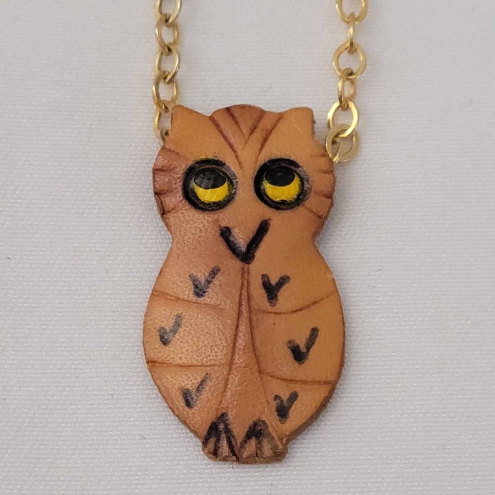 Vtg Leather Handmade Owl Pendant Necklace Gold Tone Screw Barrel Made Canada